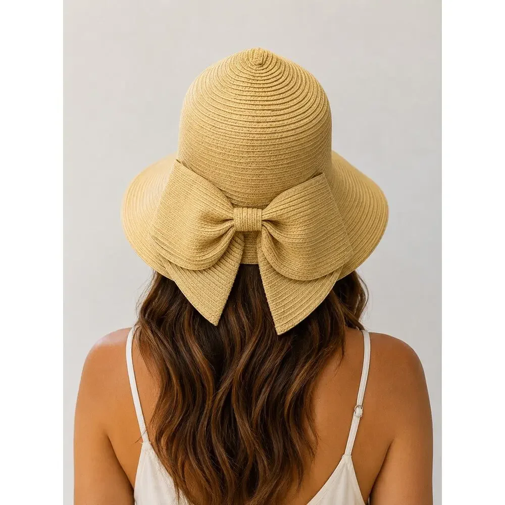 Laundry by Shelli Segal Beige Straw Sun Hat Bow Floppy Beach NWOT